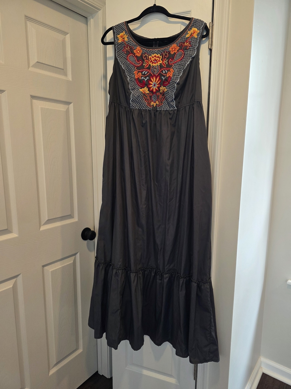 eshakti Charcoal Maxi Dress with Multicolor Embroidered Yoke